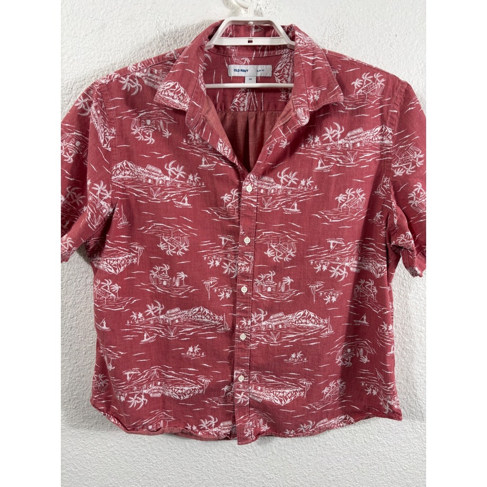 Old Navy Mens XXL Slim Fit Short Sleeve Button Down Hawaiian Shirt Mauve Pink